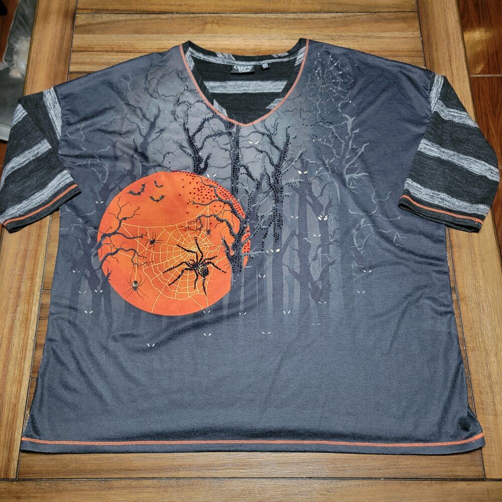 Onque Casual LS Halloween Sweater Bling Tree Moon Spider - Size 2X
